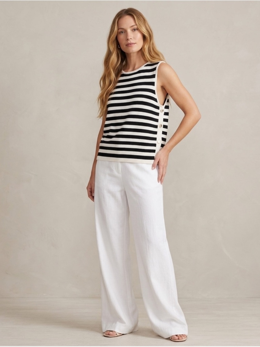 Sanctuary Knit Striped Sweater Tank Top With Button Detail L